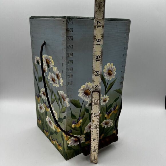 Vtg 90s Wood Flower Bucket Planter Daisy Pansies 11" Hand Painted Blue Green - Picture 6 of 7